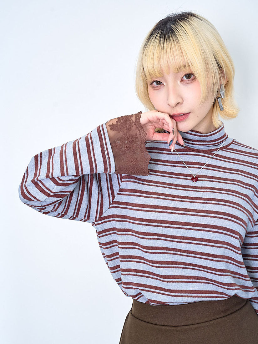 Lace Cuff Striped Turtle Neck Top (2 Colours)