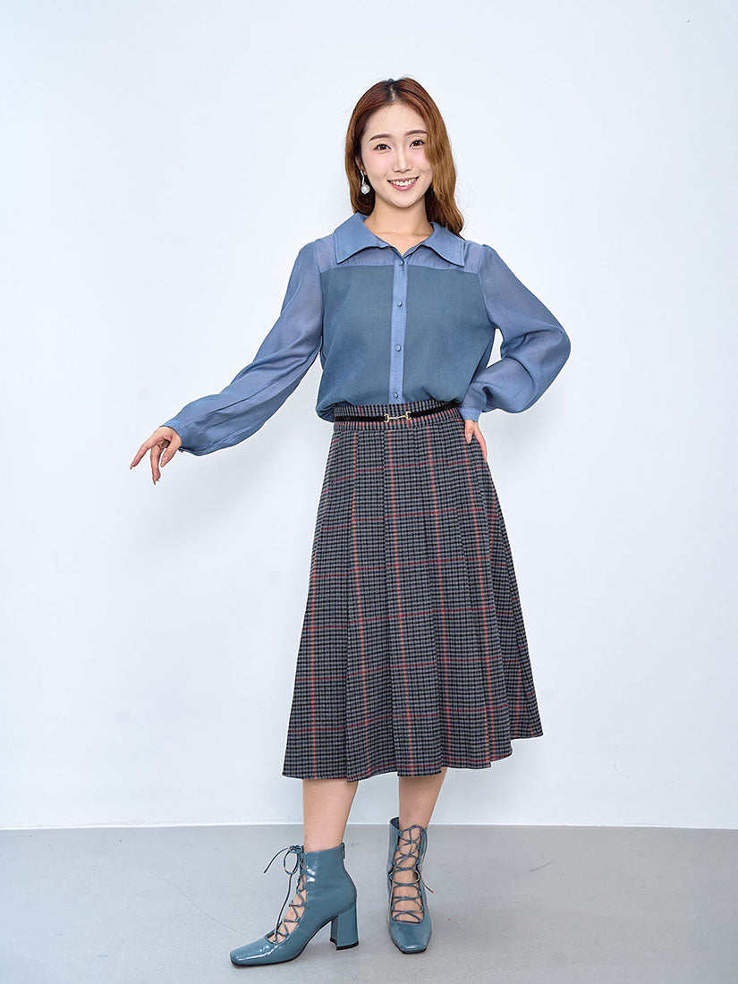 Horsebit Detailed Glen Check Pleated Skirt (2 Colours)