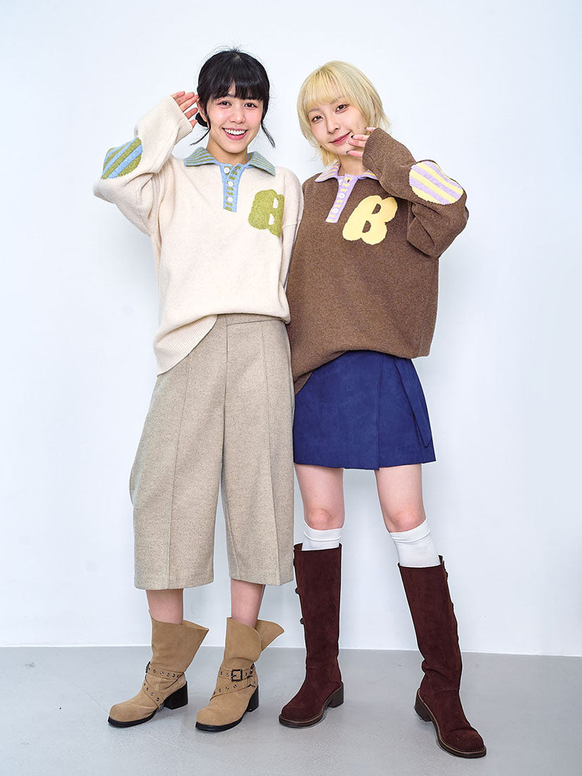 Striped Collar Elbow Patch Sweater (2 Colours)