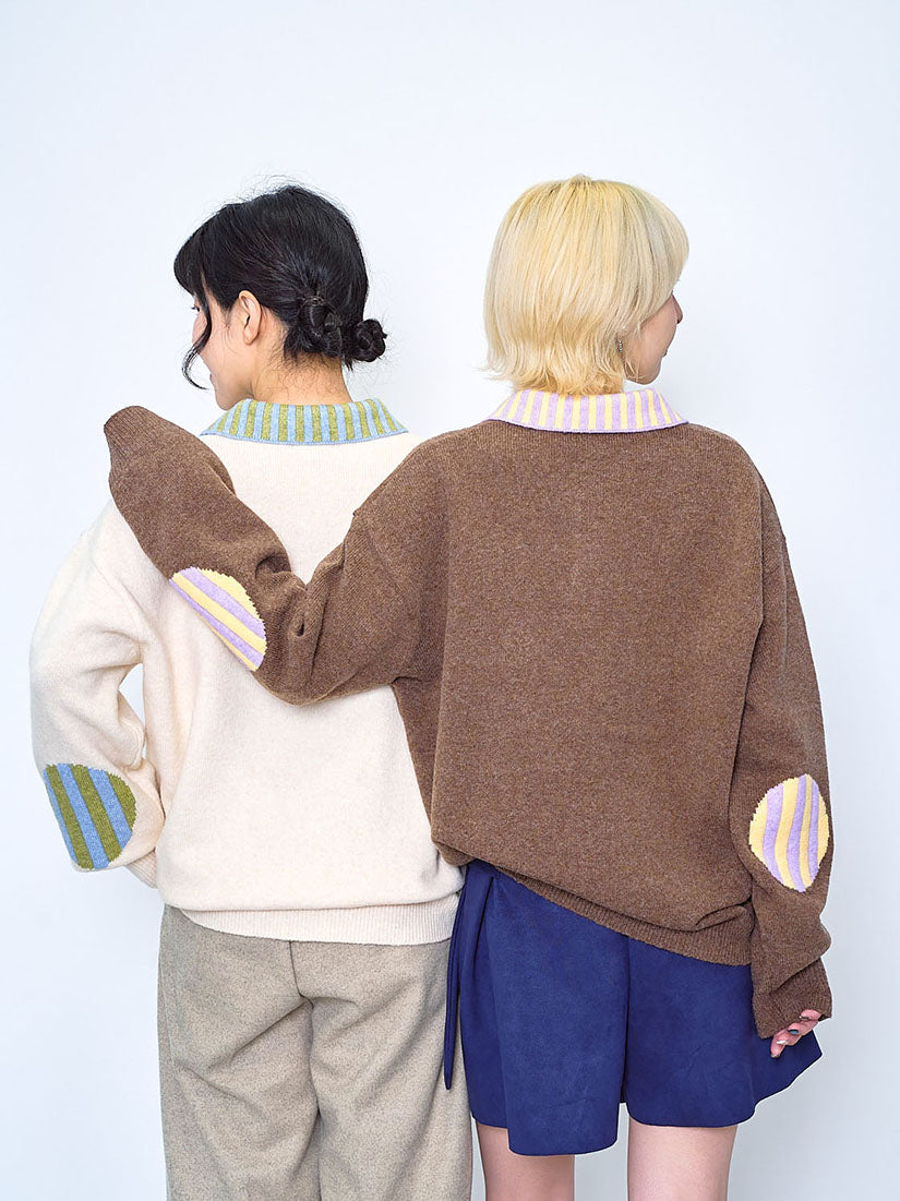 Striped Collar Elbow Patch Sweater (2 Colours)