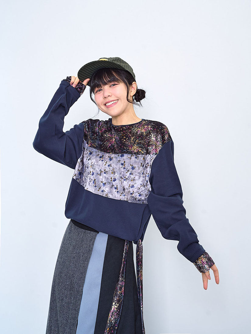 Floral Printed Velvet Patchwork Top (2 Colours)