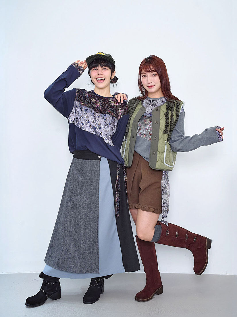 Floral Printed Velvet Patchwork Top (2 Colours)