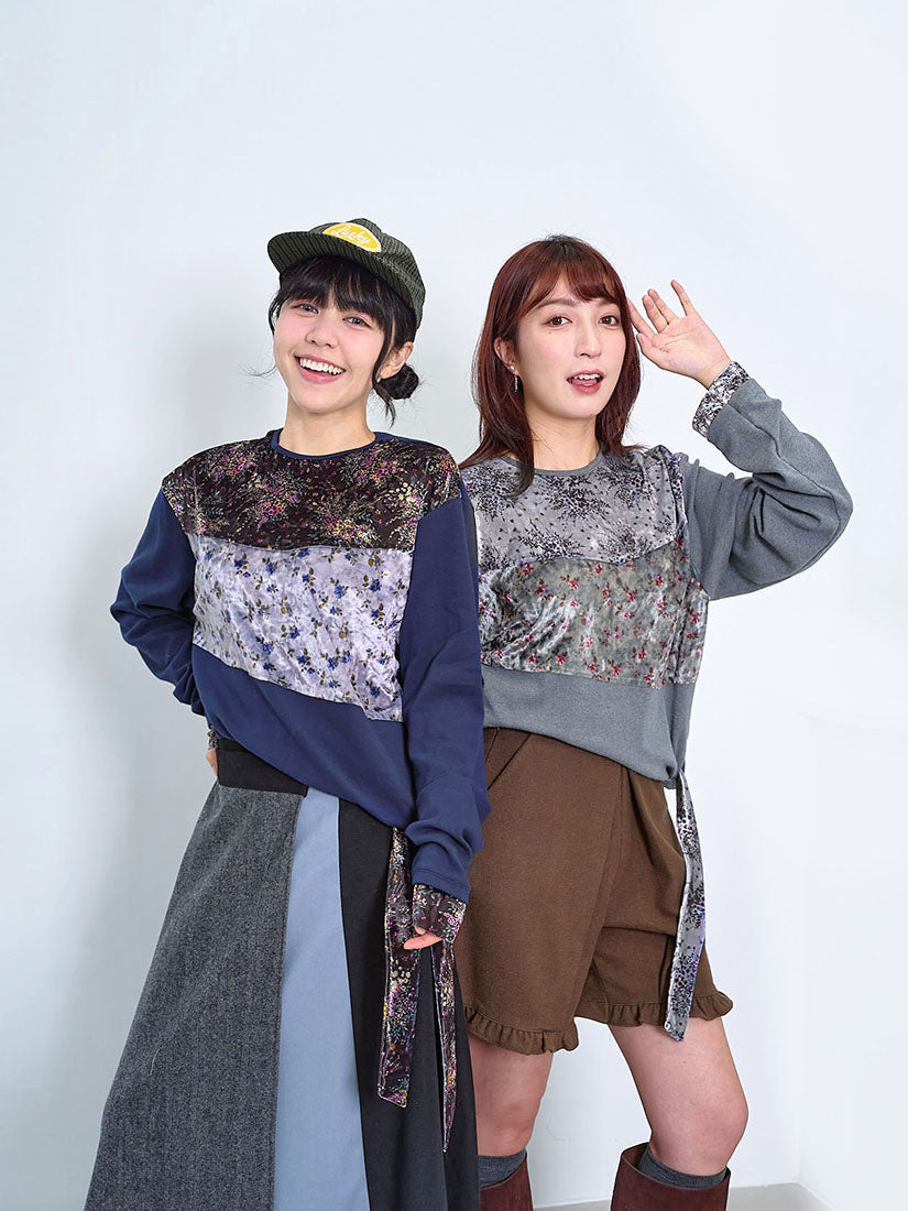 Floral Printed Velvet Patchwork Top (2 Colours)