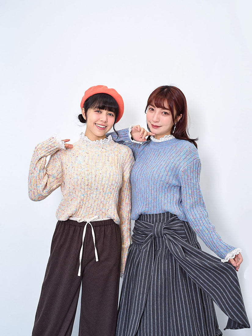 Lace Trim Multicolour Ribbed Crop Sweater (2 Colours)