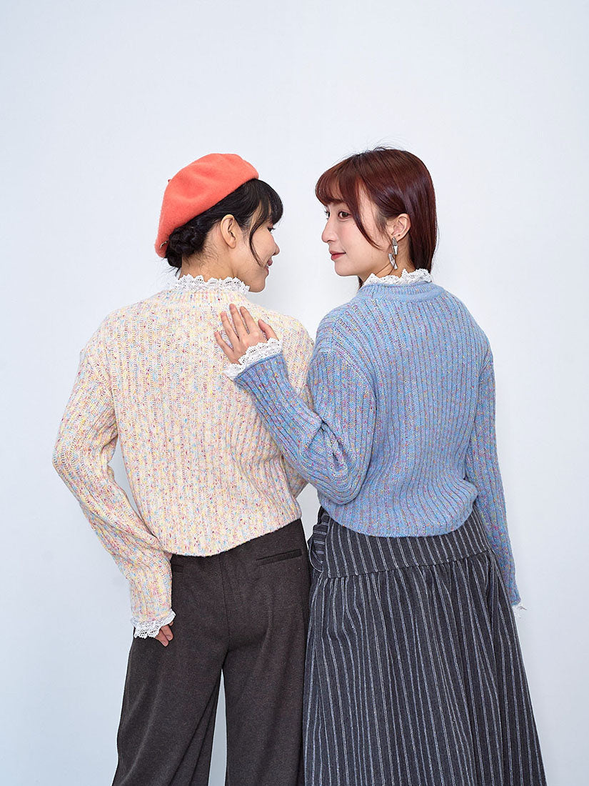 Lace Trim Multicolour Ribbed Crop Sweater (2 Colours)