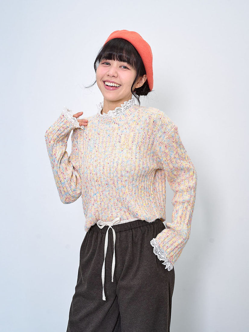 Lace Trim Multicolour Ribbed Crop Sweater (2 Colours)