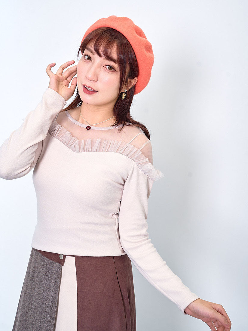 Mesh Shoulder Heart Shaped Neck Top (2 Colours)