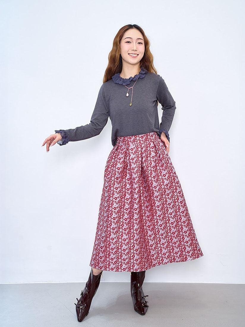 Floarl Jacquard Pleated Flare Skirt (2 Colours)