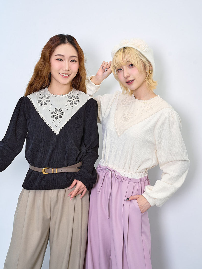 Lace Patch Yoke Wrinkle Top (2 Colours)