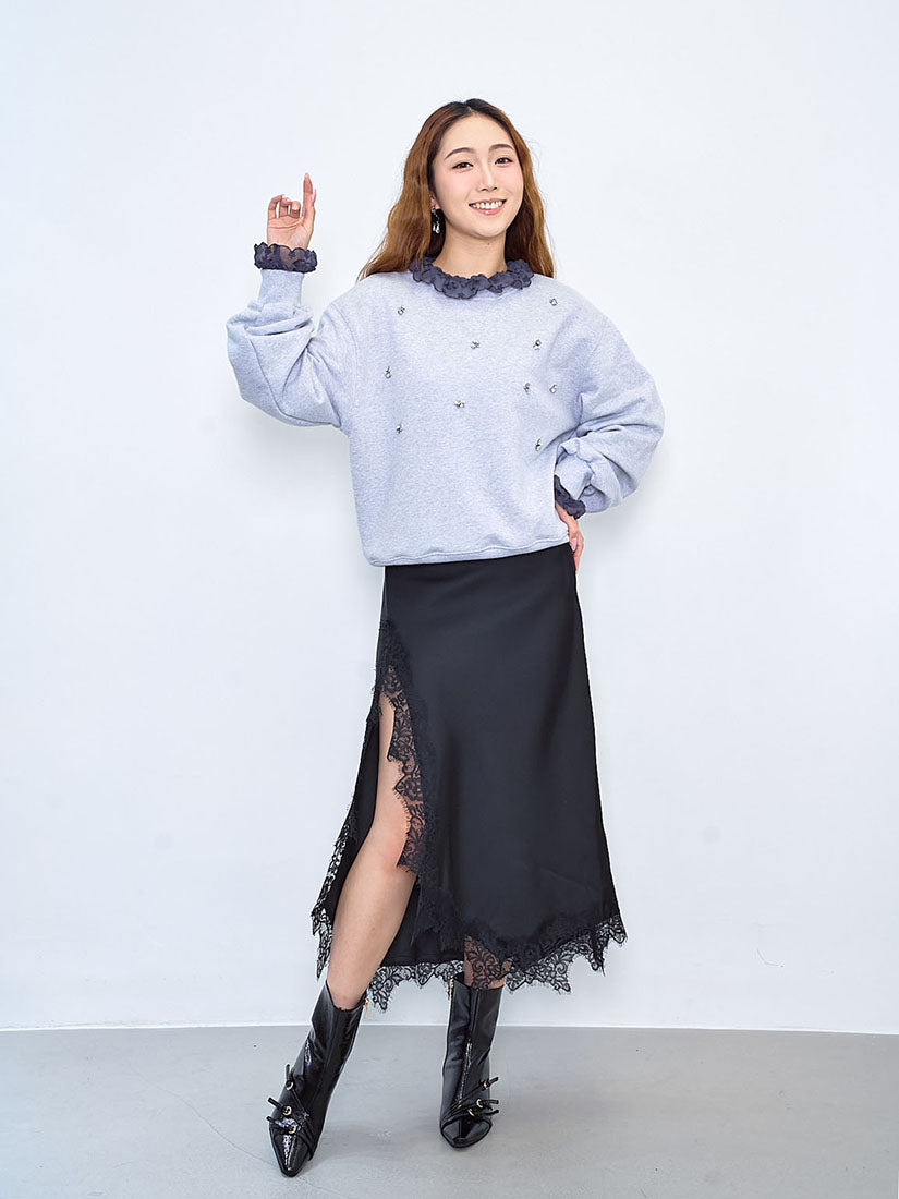 Asymmetric Lace Hem Slit Skirt (2 Colours)