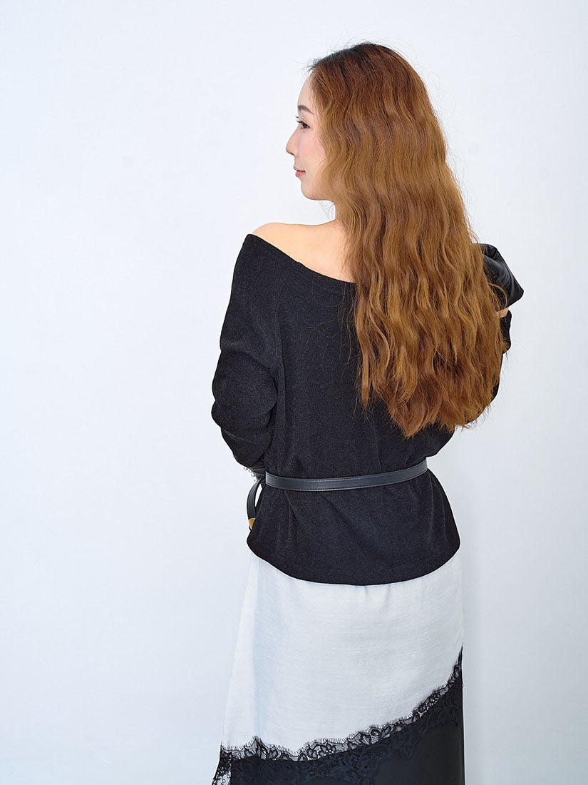 Asymmetric Lace Hem Boat Neck Tunic Top