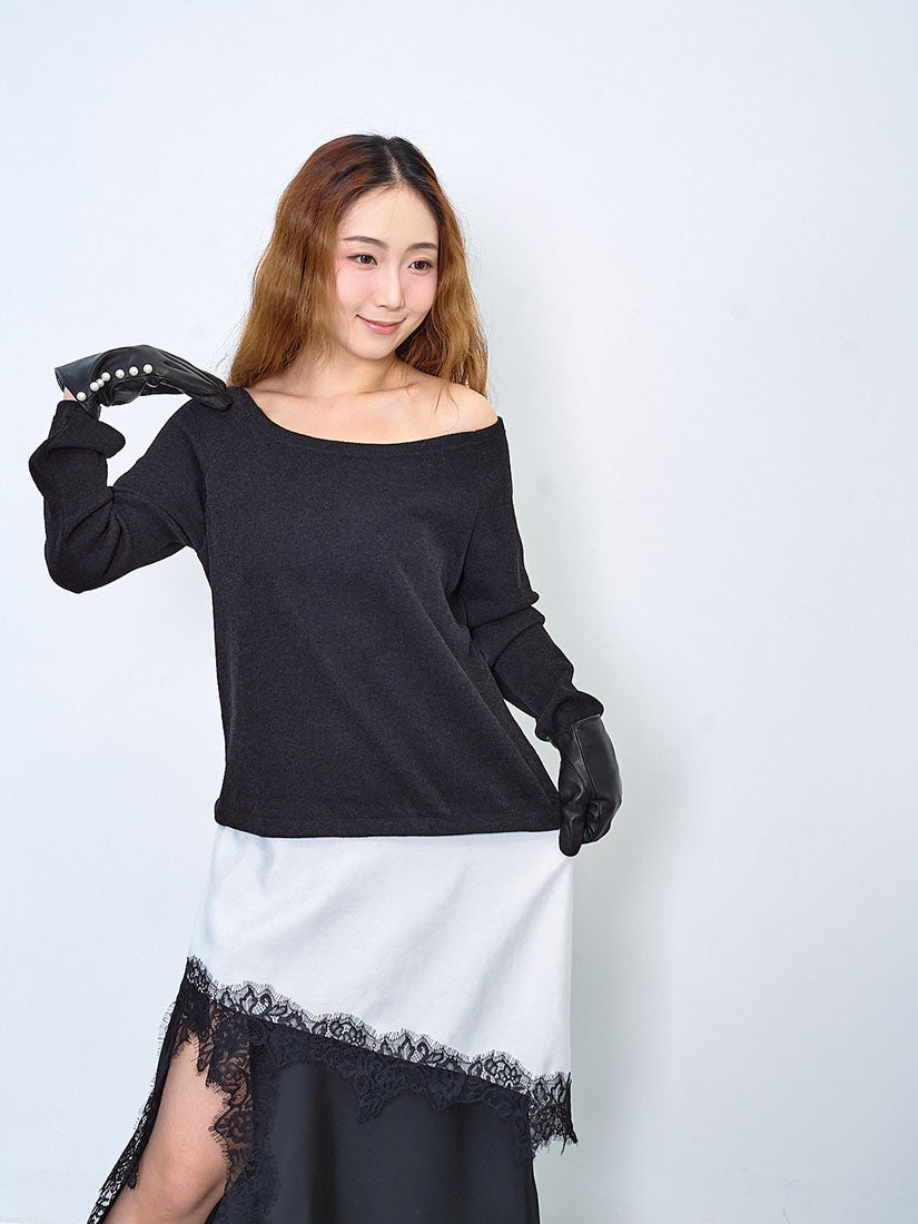 Asymmetric Lace Hem Boat Neck Tunic Top