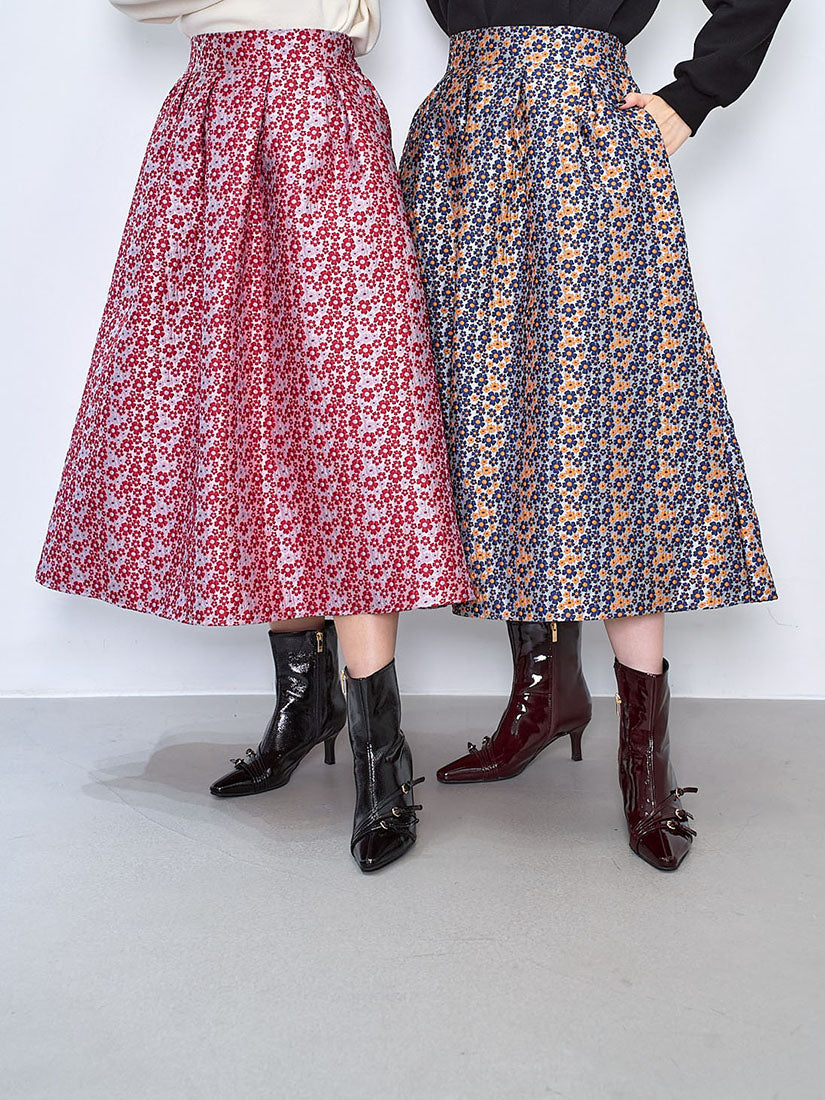 Floarl Jacquard Pleated Flare Skirt (2 Colours)