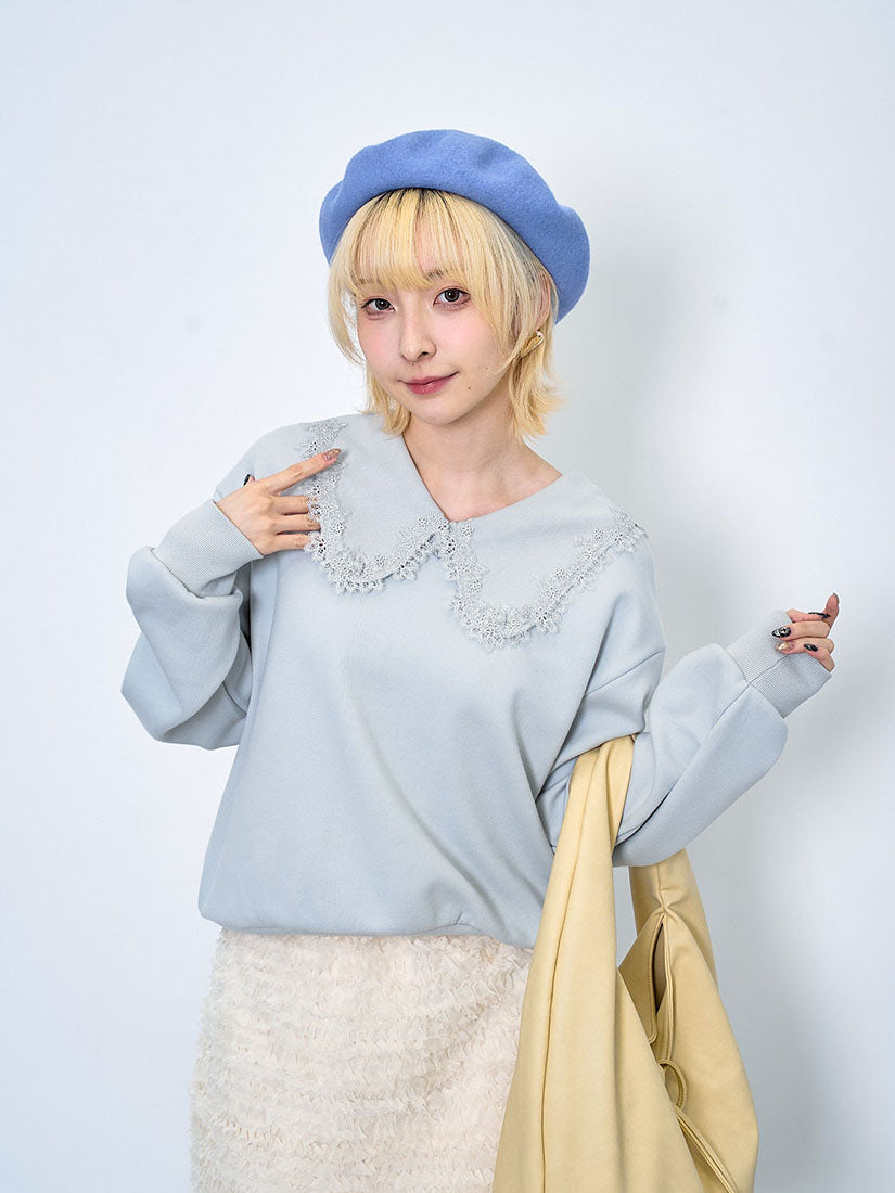 Lace Edge Rib Collar Sweatshirt (2 Colours)