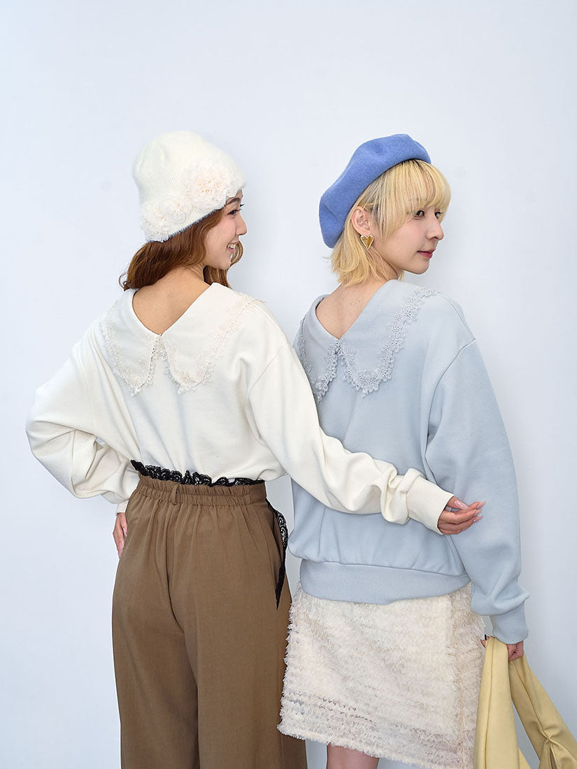 Lace Edge Rib Collar Sweatshirt (2 Colours)