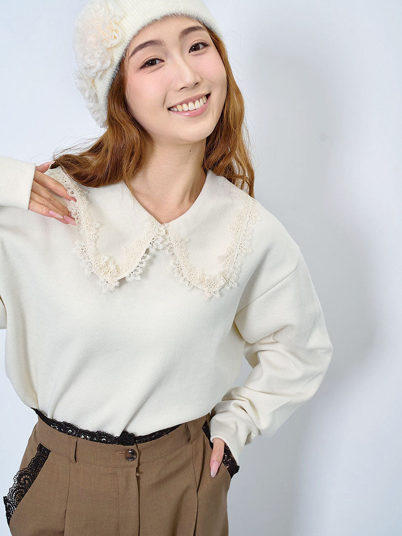Lace Edge Rib Collar Sweatshirt (2 Colours)
