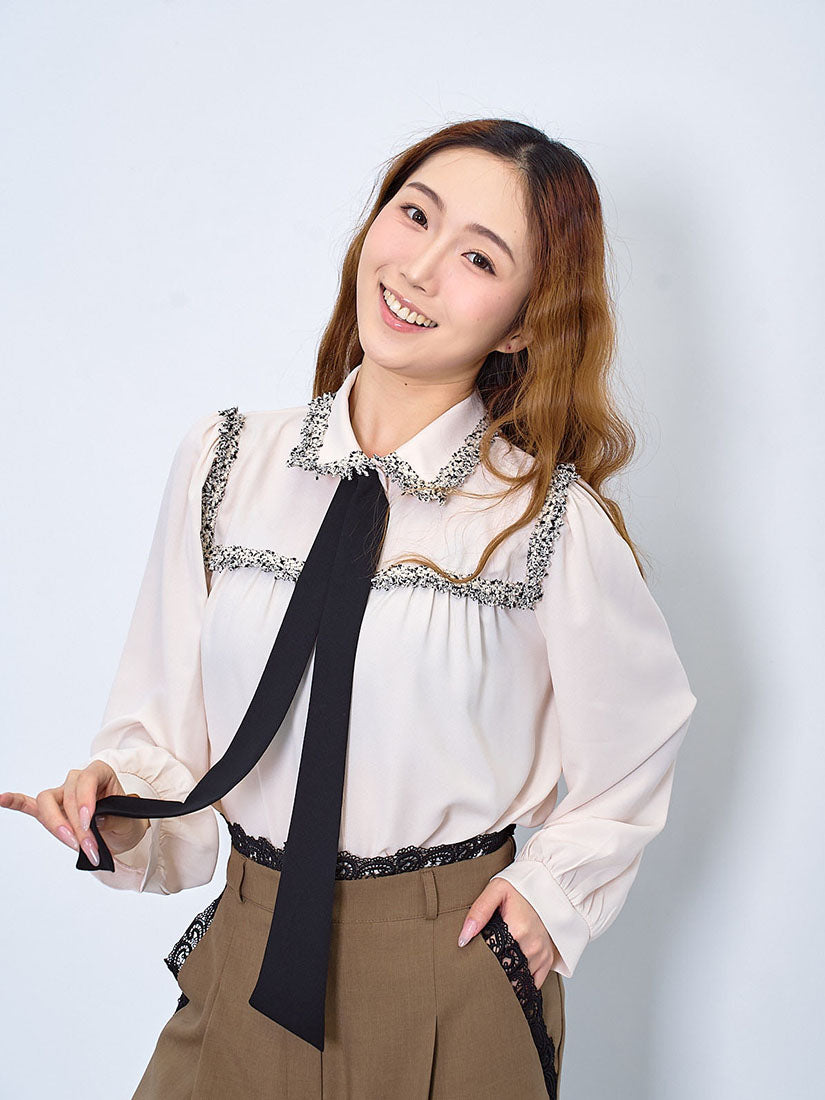 Tweed Tape Trim Bow Blouse (2 Colours)