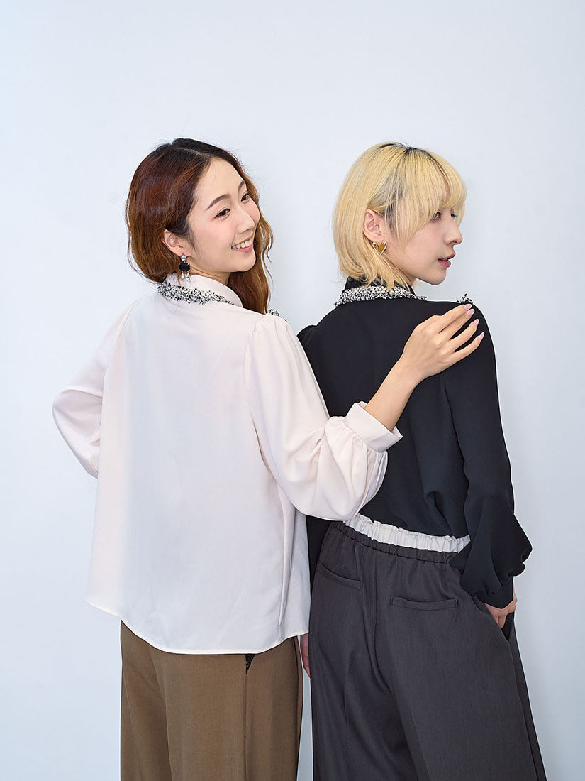 Tweed Tape Trim Bow Blouse (2 Colours)