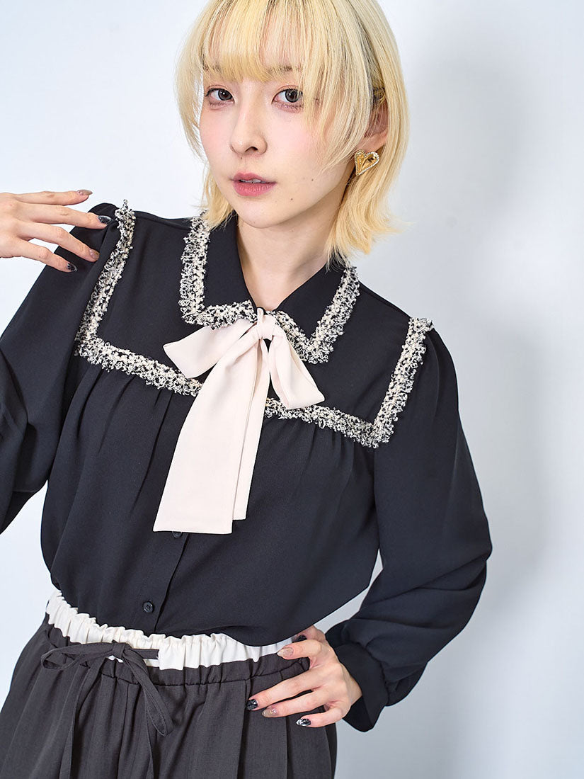 Tweed Tape Trim Bow Blouse (2 Colours)
