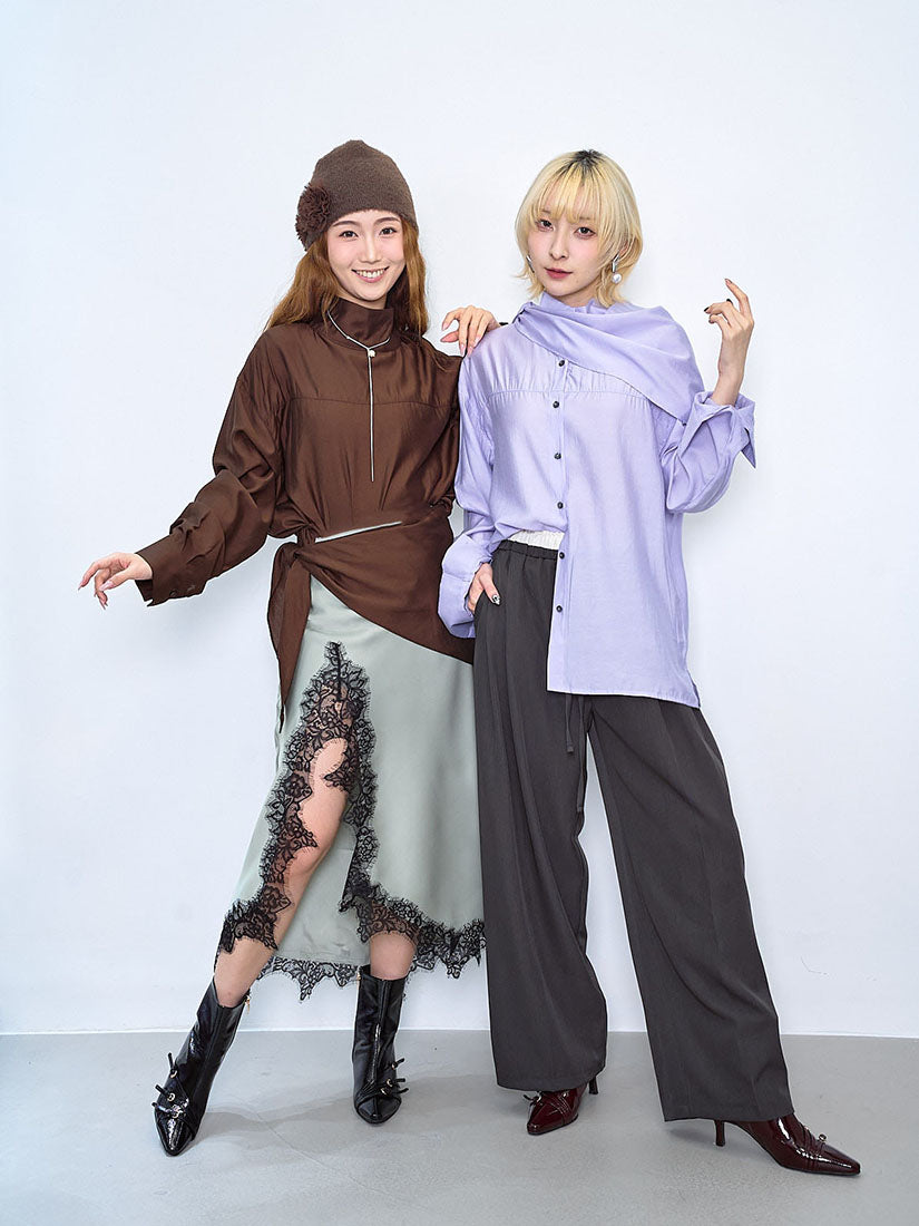 Turtle Neck Silky Blouse With Scarf (2 Colours)