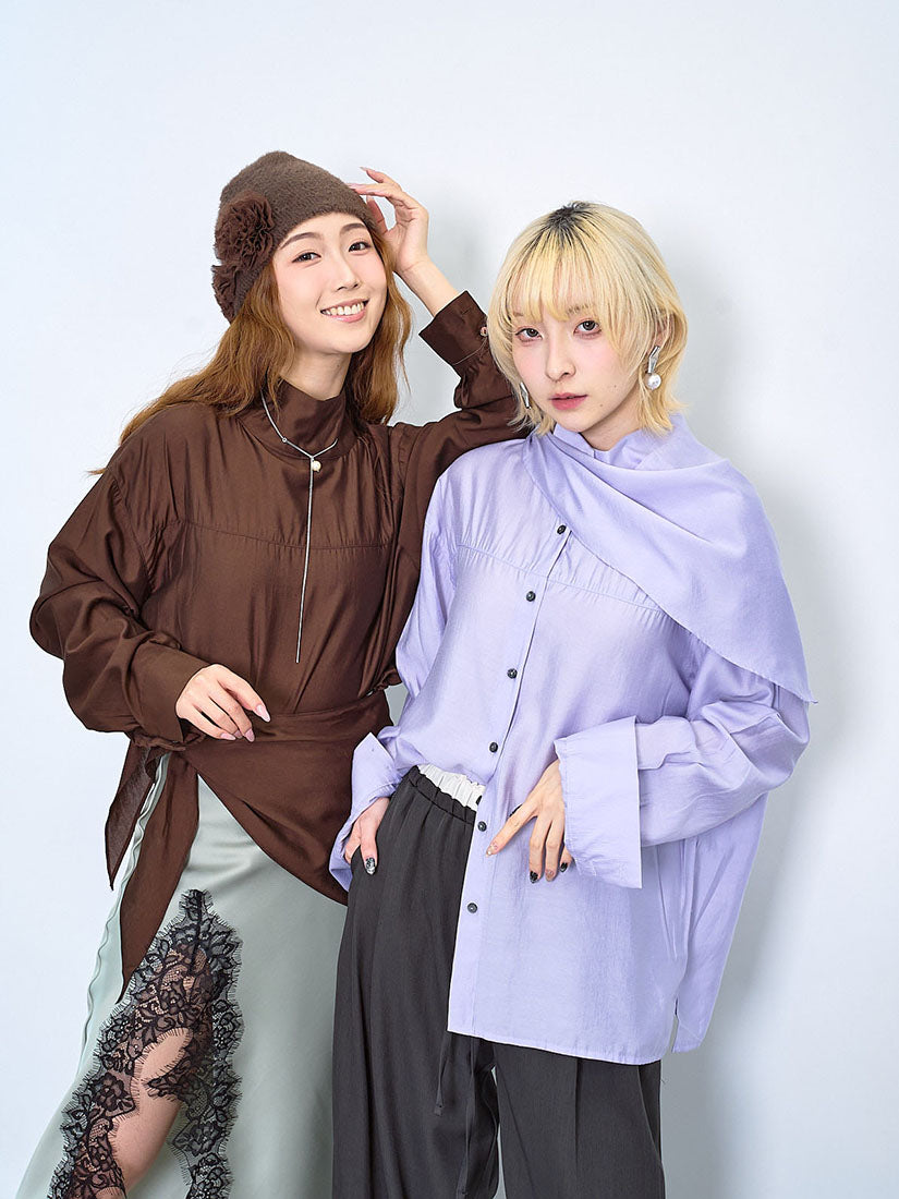 Turtle Neck Silky Blouse With Scarf (2 Colours)