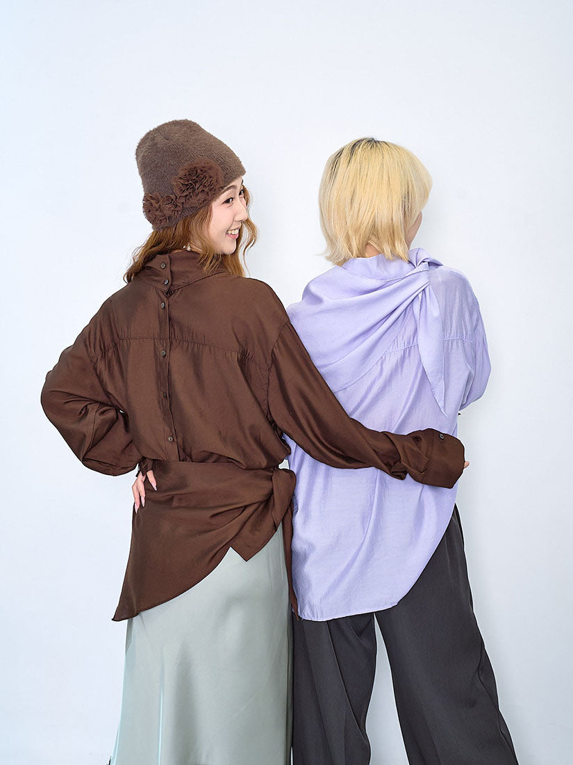 Turtle Neck Silky Blouse With Scarf (2 Colours)