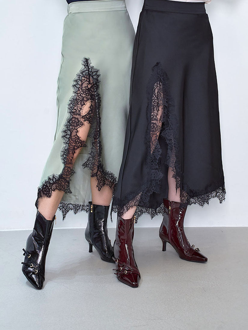 Asymmetric Lace Hem Slit Skirt (2 Colours)
