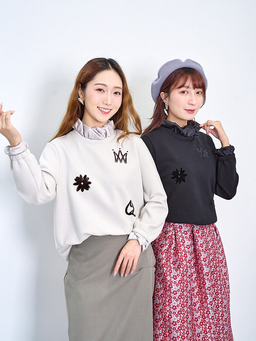 Ruffle Satin Collar Trim Sweatshirt (2 Colours)