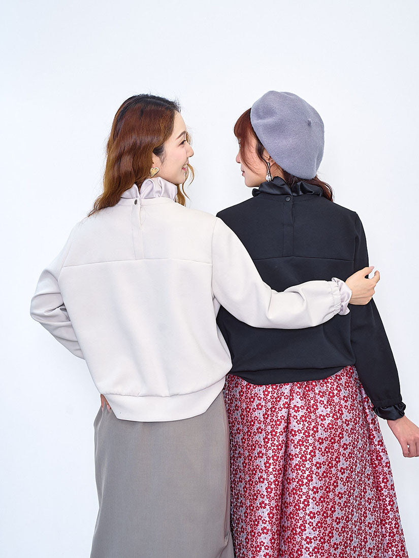 Ruffle Satin Collar Trim Sweatshirt (2 Colours)