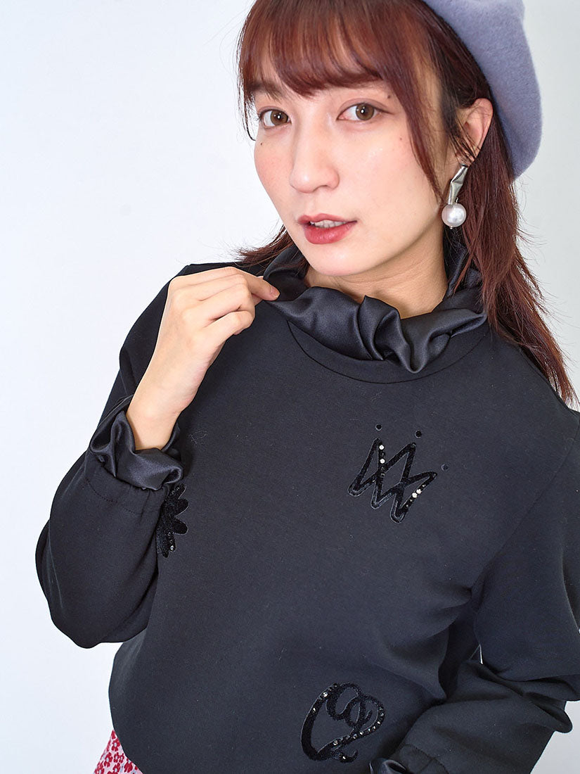 Ruffle Satin Collar Trim Sweatshirt (2 Colours)