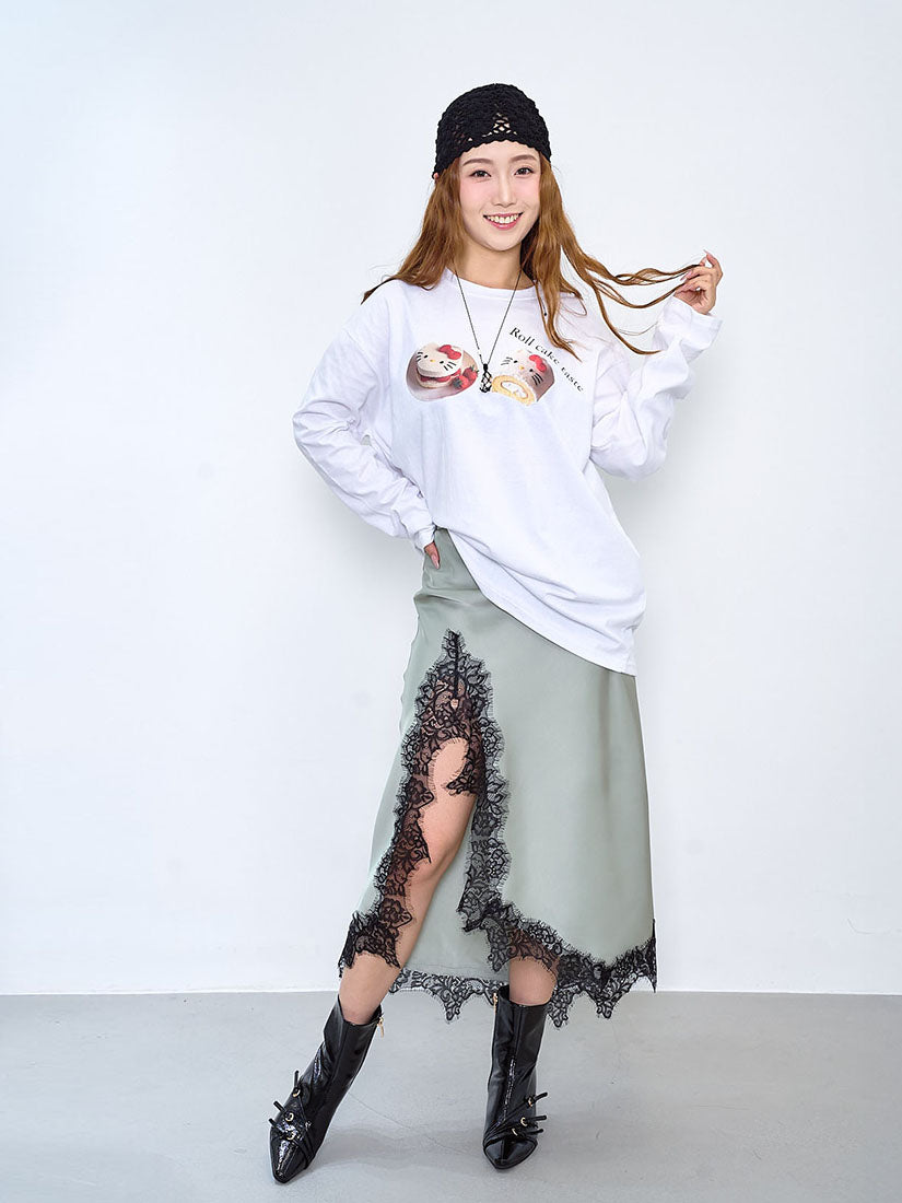 Asymmetric Lace Hem Slit Skirt (2 Colours)