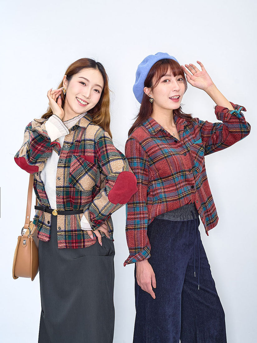 Corduroy Layered Pocket Elbow Patch Plaid Shirt (2 Colours)