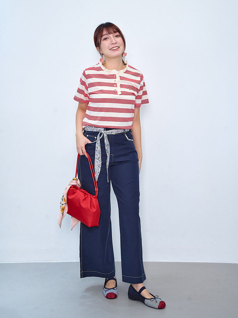 Ruffle Neck Trim Striped Top (2 Colours)