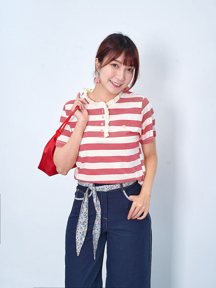Ruffle Neck Trim Striped Top (2 Colours)