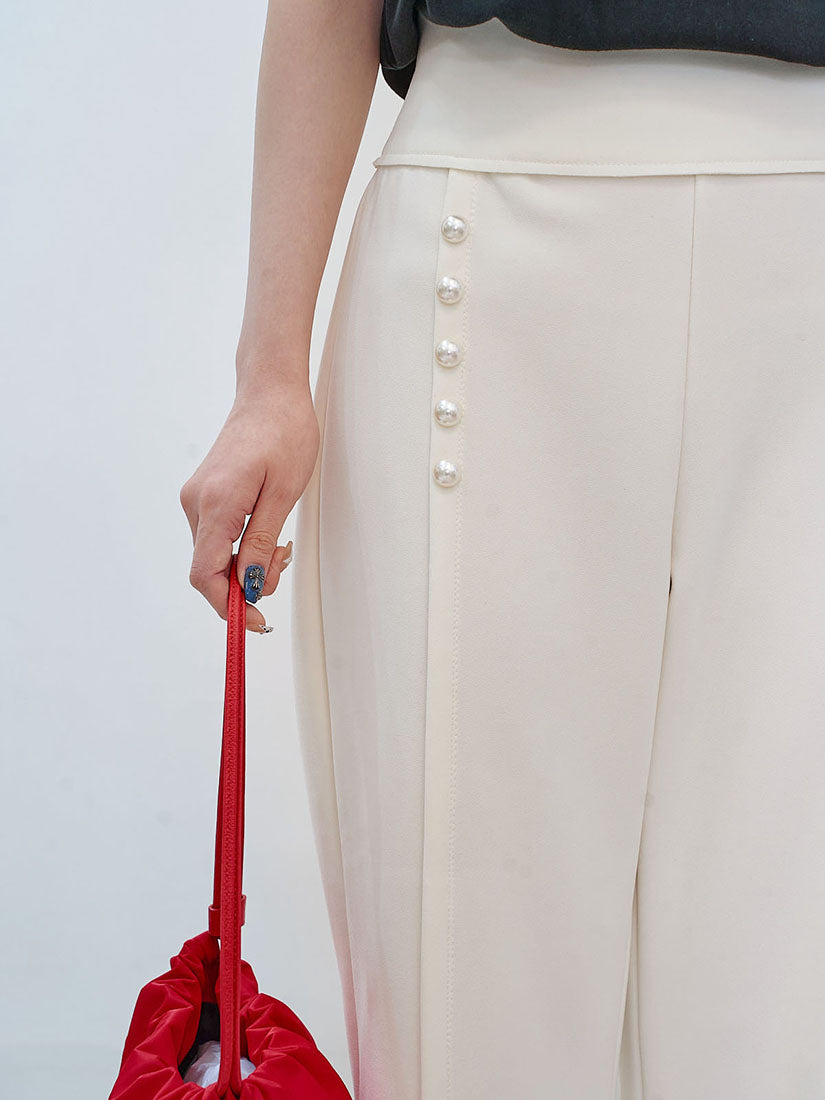 Pearl Detailed Tuck Wide Leg Pants (2 Colours)
