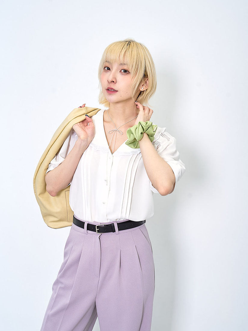 Pointelle Knit Trim Tuck Front Blouse (2 Colours)