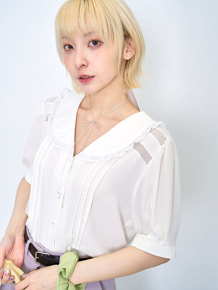 Pointelle Knit Trim Tuck Front Blouse (2 Colours)