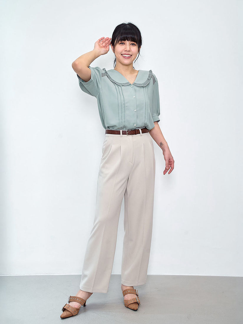 Pointelle Knit Trim Tuck Front Blouse (2 Colours)