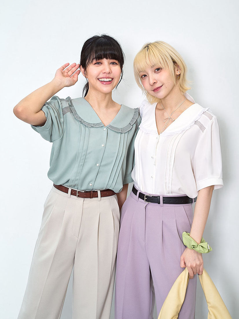 Pointelle Knit Trim Tuck Front Blouse (2 Colours)