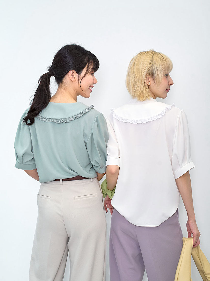 Pointelle Knit Trim Tuck Front Blouse (2 Colours)