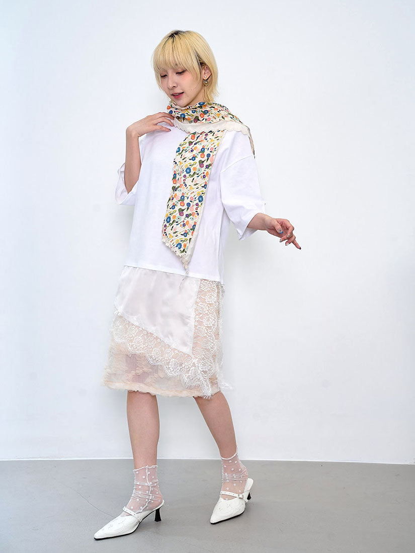 Asymmetric Chiffon Lace Hem Tee (2 Colours)