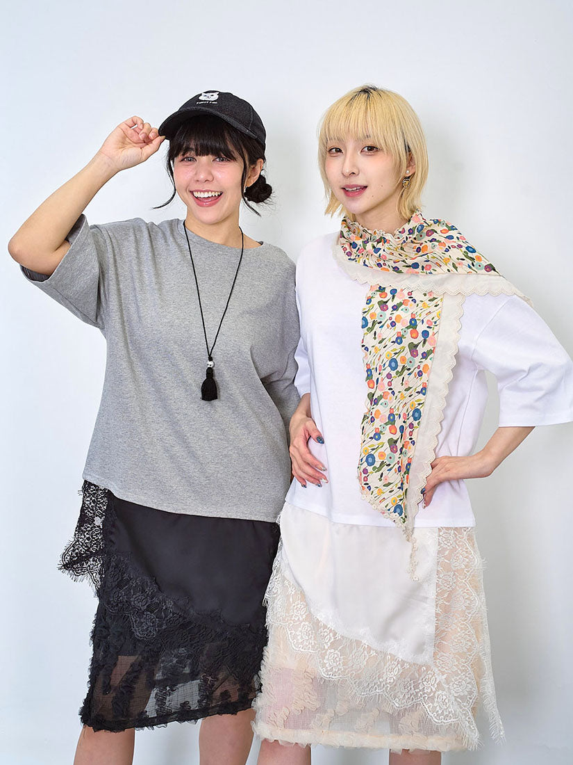 Asymmetric Chiffon Lace Hem Tee (2 Colours)