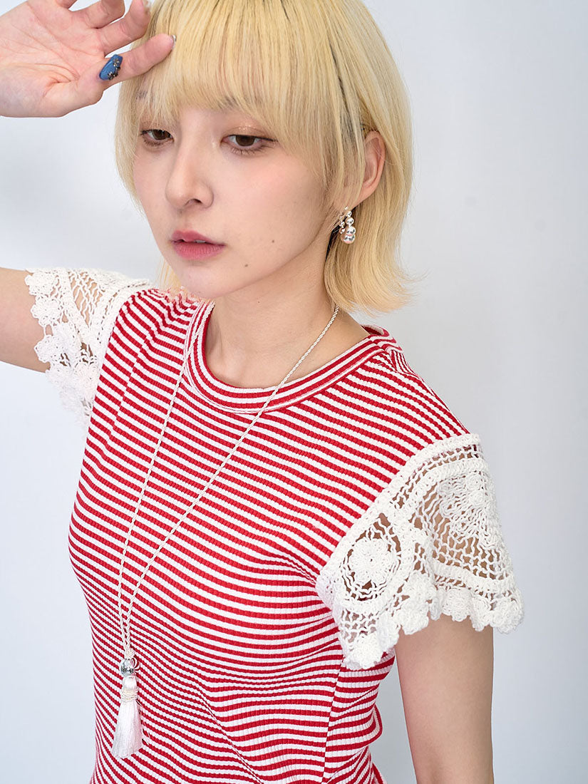 Crochet Cape Sleeve Striped Rib Top (2 Colours)