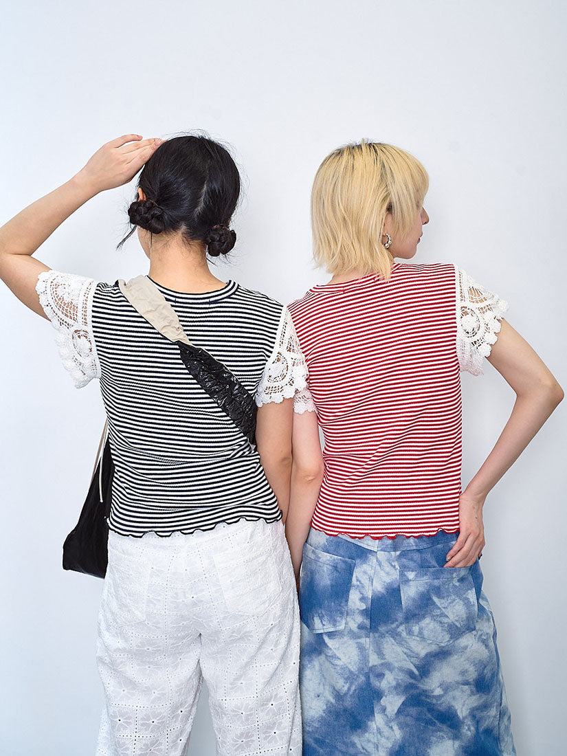 Crochet Cape Sleeve Striped Rib Top (2 Colours)