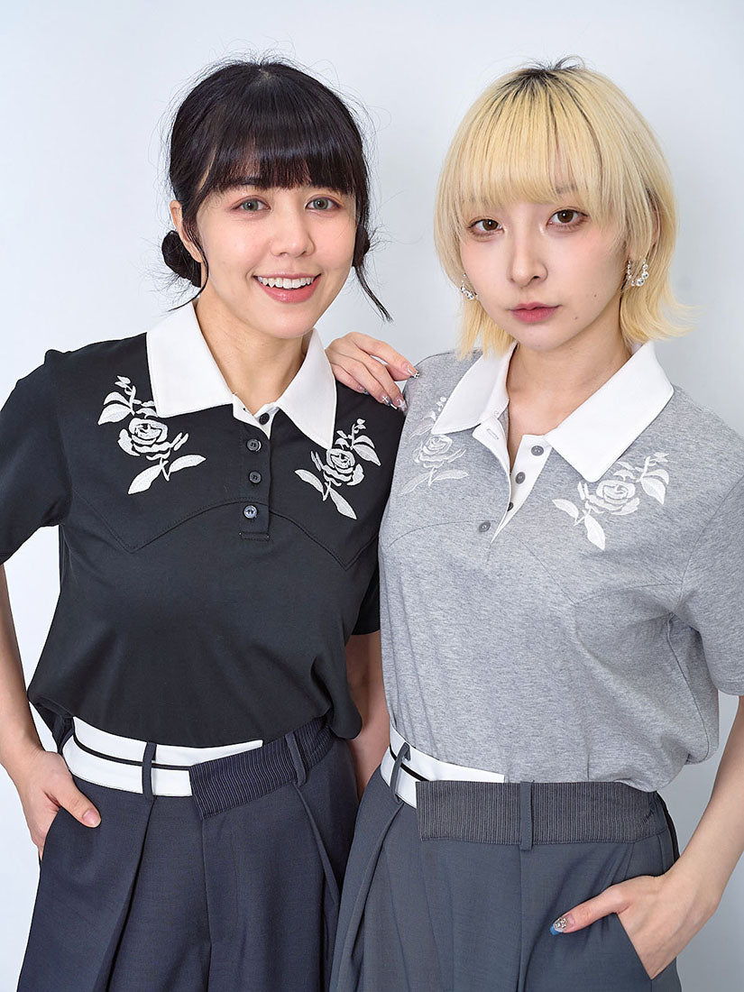 Rose Embroidered Polo Neck Tee (2 Colours)