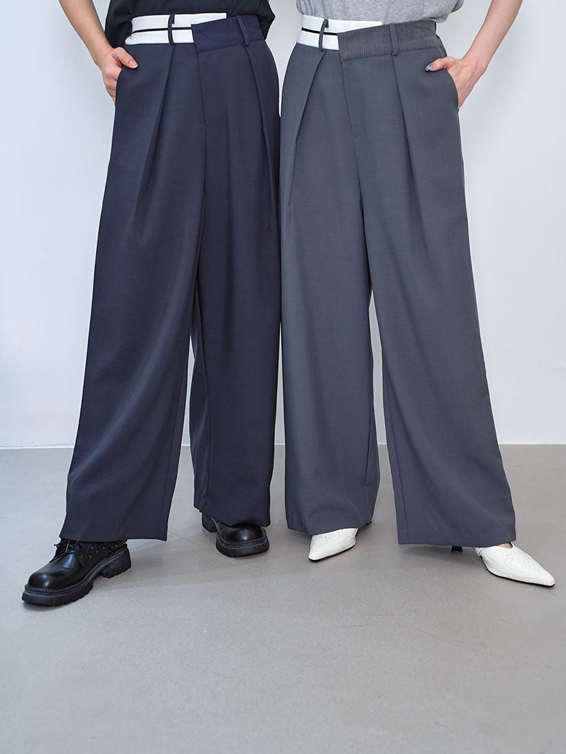 Contrast Wrap Waist Wide Leg Suit Pants (2 Colours)