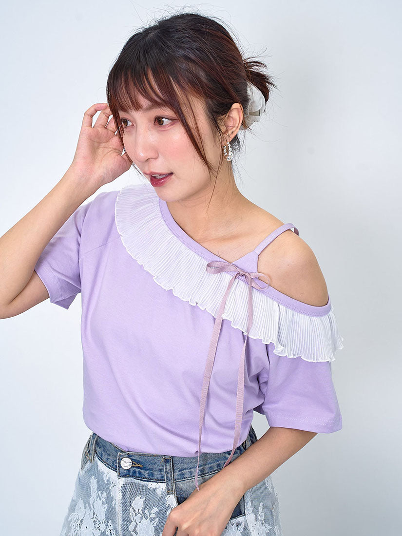 Single Shoulder Pleated Ruffle Trim Top (2 Colours)