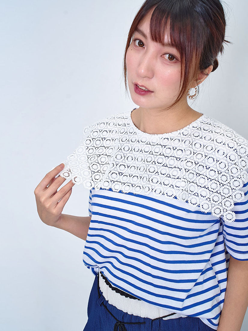 Lace Collar Sailor Striped Top