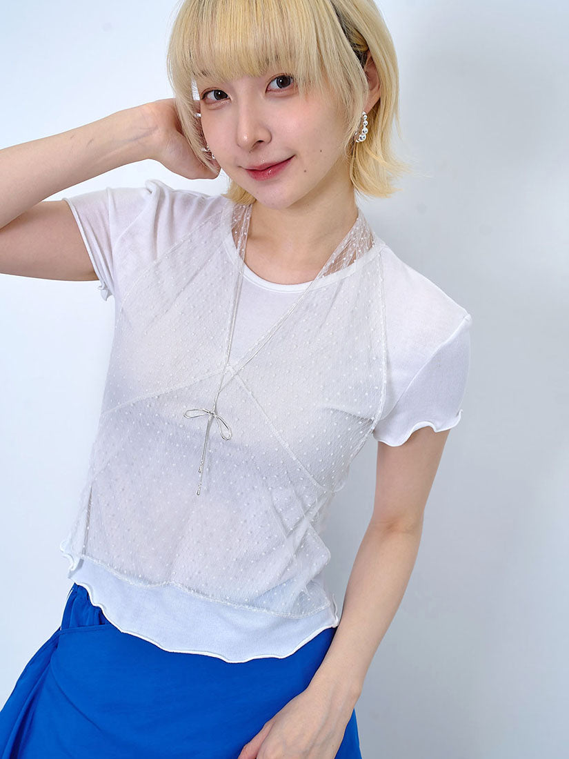 Faux Polka Dot Mesh Halter Neck Vest Tee (2 Colours)