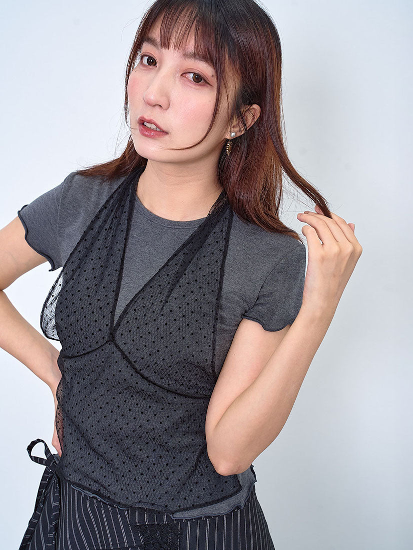 Faux Polka Dot Mesh Halter Neck Vest Tee (2 Colours)